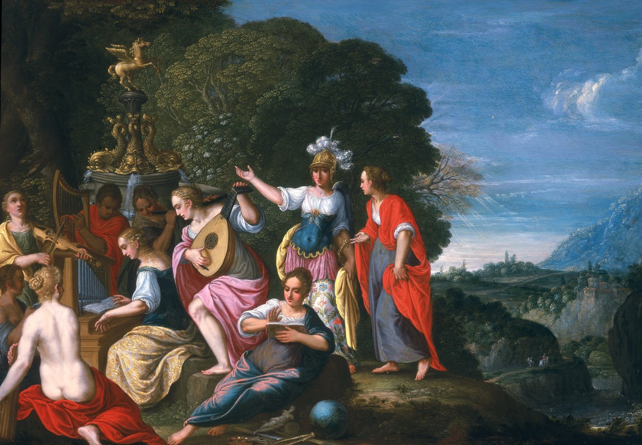 Athene ja yhdeksän muusaa Hipokrenen kaivolla, 1624 (öljy kuparille). tekijältä Johann or Hans Konig