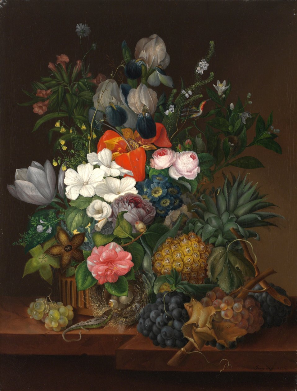 Asetelma liskon ja kukkien kanssa - Johanna (Jenny) Salm-Reifferscheidt (s. Comtesse Pachtova) (1780-1857). öljy kankaalle tekijältä Johanna Salm Reifferscheidt
