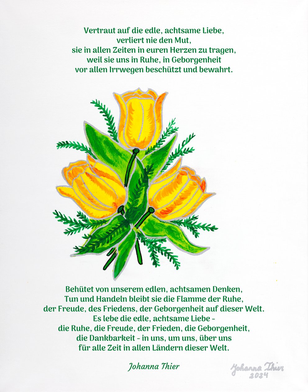 Rosental-tulppaanikimppu rauhallisuutta, iloa, rauhaa, turvallisuutta ja kiitollisuutta varten. tekijältä Johanna Thier