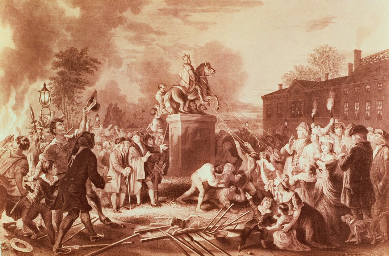 George III:n patsaan purkaminen keilahallissa vuonna 1776, kaiverrettu John C. McRae tekijältä Johannes Adam Simon Oertel