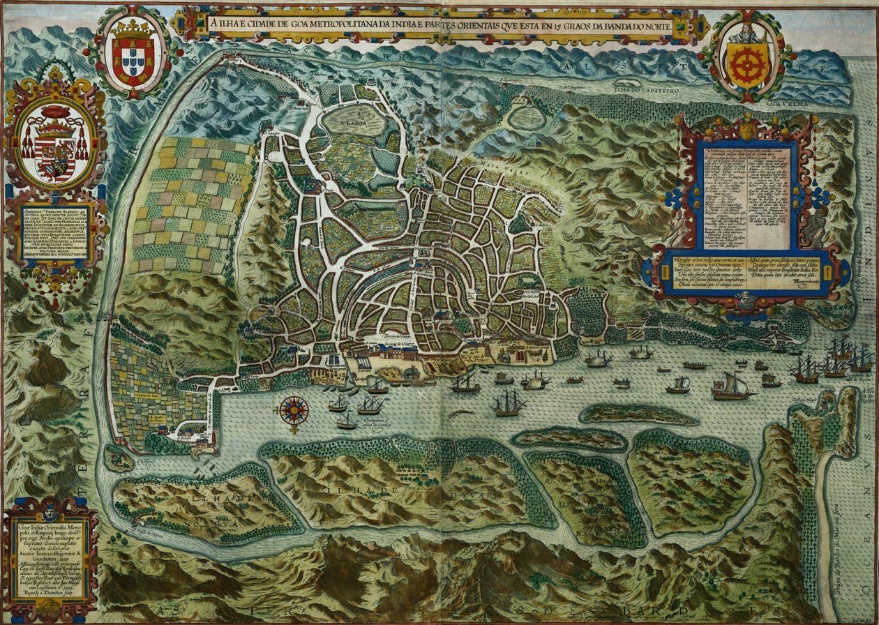 Kartta Goan kaupungista ja portugalilaisesta satamasta, Intia, 1595 (yksityiskohdat katso 110751). tekijältä Johannes Baptista van Doetechum the Younger