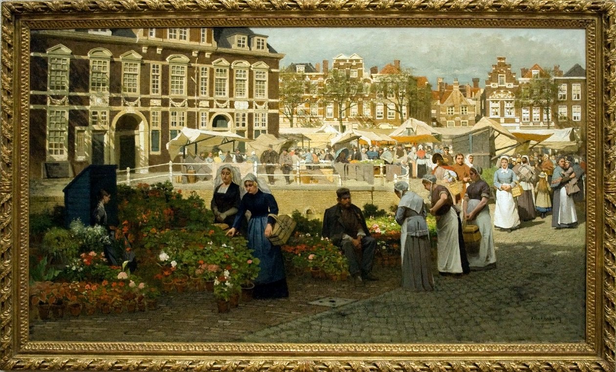 Viragpiac Hagaban Nederlands: Bloemenmarkt op de Grote Markt paikassa Den Haag tekijältä Johannes Karel Christian Klinkenberg