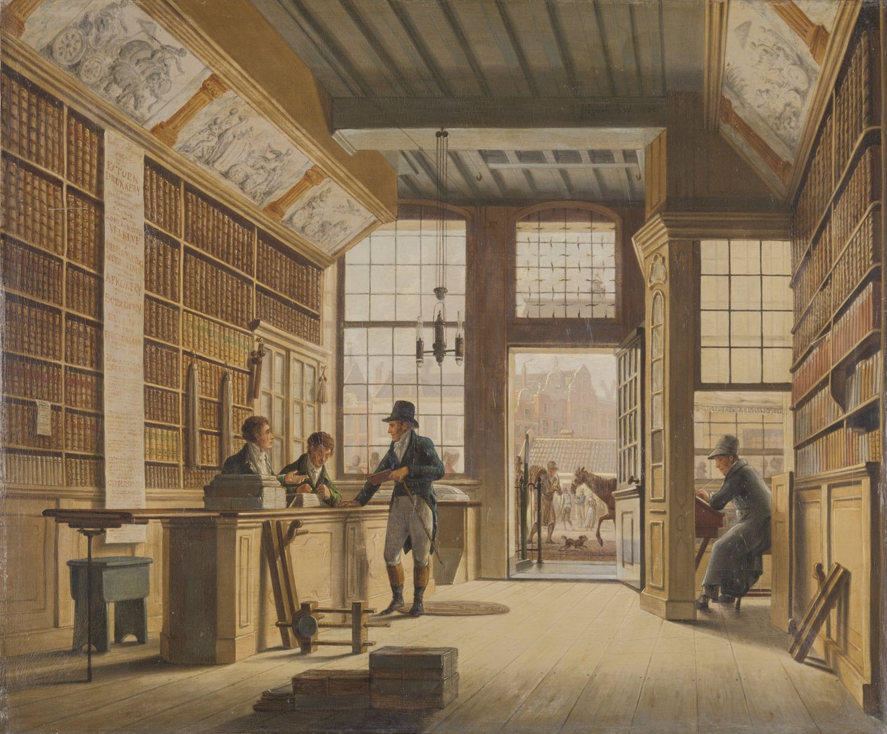 Kirjakauppias Pieter Meijer Warnarsin myymälä Vijgendamilla Amsterdamissa, 1820. tekijältä Johannes Jelgerhuis