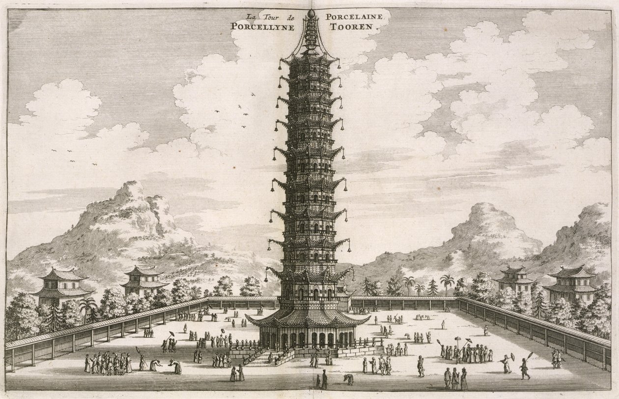 Posliinitorni, Hollannin Kiinan-suurlähetystön kertomuksesta, 1665, kirjoittaja ja kuvittanut Johannes Nieuhof ja julkaissut Jacob van Meurs tekijältä Johannes Nieuhoff