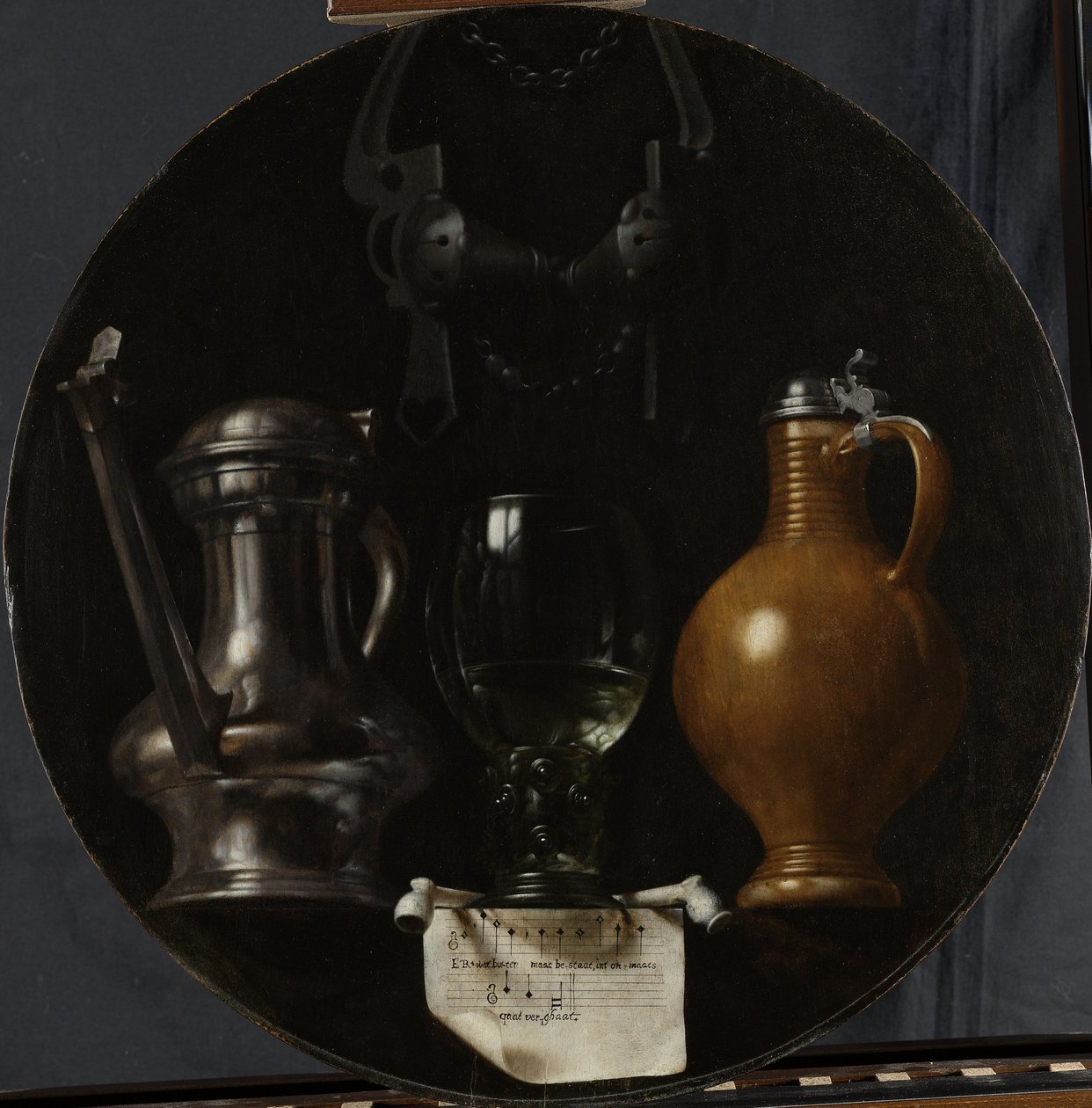 Tunnuksellinen asetelma lipulla, lasilla, kannulla ja suitsilla, 1614 tekijältä Johannes Torrentius