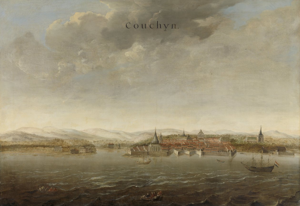 Näkymä Cochinista Intian Malabarin rannikolla, n. 1662-3 tekijältä Johannes Vinckeboons