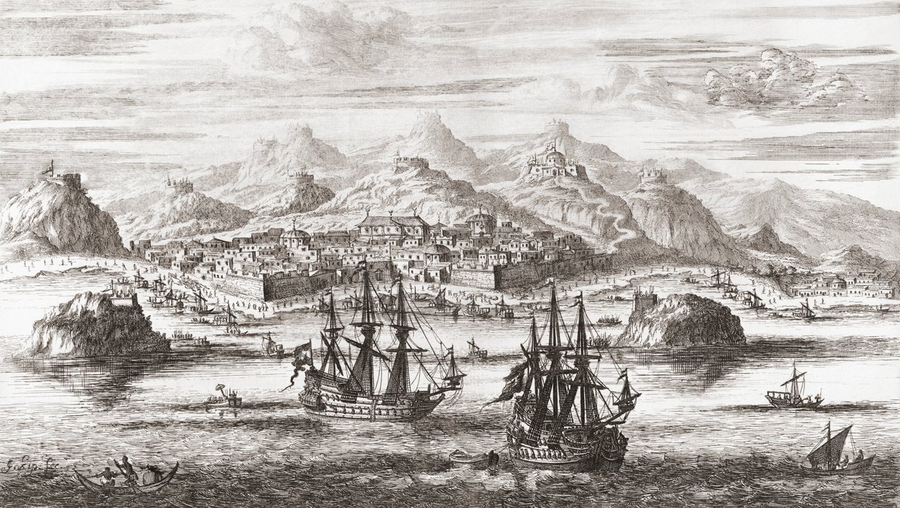 Hollantilaiset laivat Muscatin edessä Omanissa 1600-luvulla (tulostus) tekijältä Johannes (after) Kip