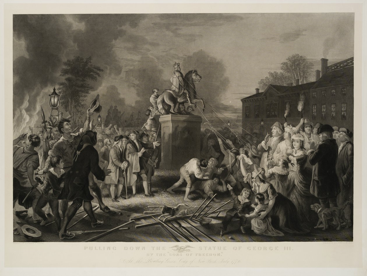 Yrjö III:n patsaan purkaminen, Sons of Freedom, Bowling Greenissä, New Yorkin kaupungissa, heinäkuussa 1770, kaivertanut John C. McRae, vuoden 1853 jälkeen tekijältä Johannes Adam Simon Oertel