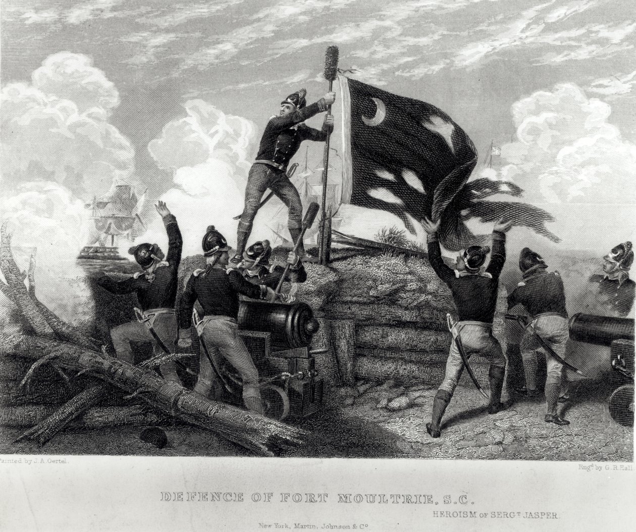 Kersantti William Jasperin sankaruus Fort Moultrien puolustuksessa Etelä-Carolinassa, 12. toukokuuta 1780, kaiverrus G.R. sali tekijältä Johannes Adam Simon Oertel