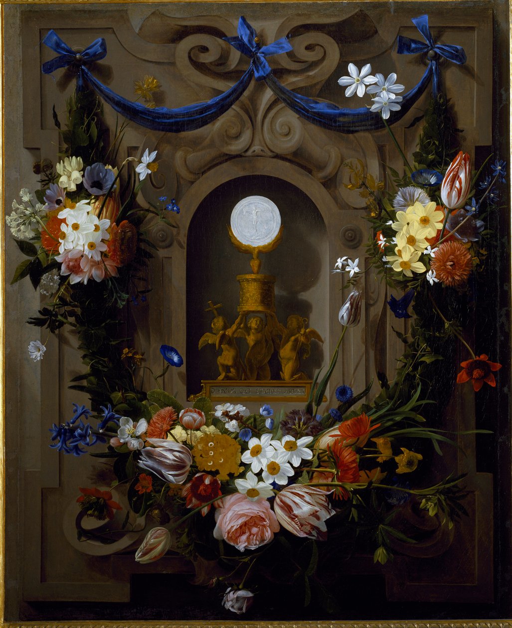 Eukaristia kukkaseppeleessä (öljy kankaalle tekijältä Johannes Antonius van der Baren