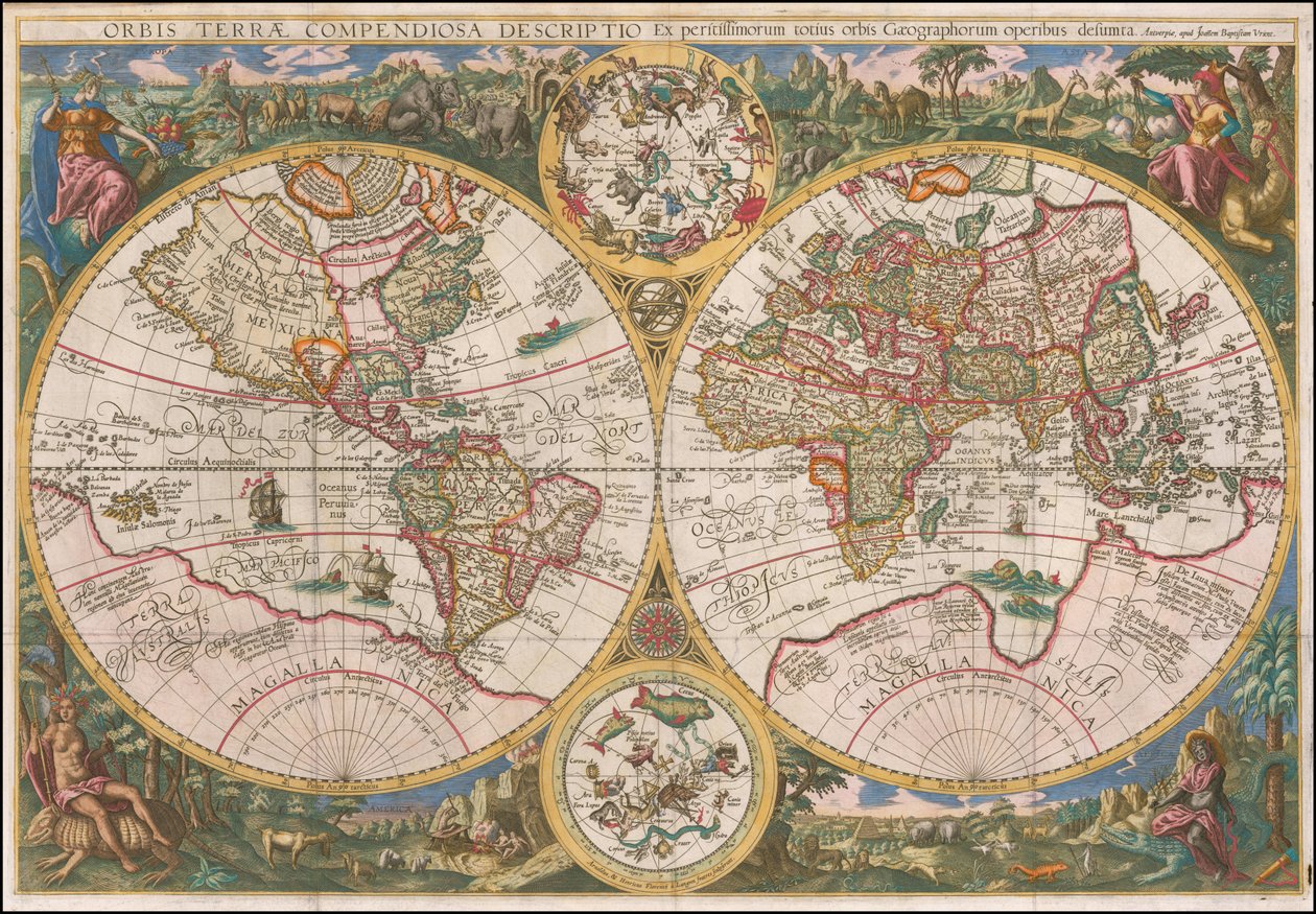 Vuoden 1596 maailmankartta - Orbis Terrae Compendiosa Descriptio Ex peristissimorum totius orbis Gaeographorum operibus desumpta tekijältä Johannes Baptista Vrints