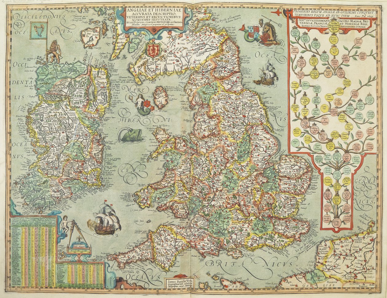 Vuonna 1606 piirretty Englannin ja Irlannin kartta (värillinen kaiverrus) tekijältä Johannes Baptista Vrints