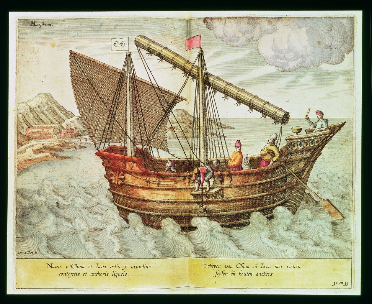 Kiinalainen roskaposti, kuvitus teoksesta "Jan Huyghen van Linschoten, His Course of Voyages into the East and West Indies", 1579-92 (kaiverrus) tekijältä Johannes Baptista van Doetechum the Younger