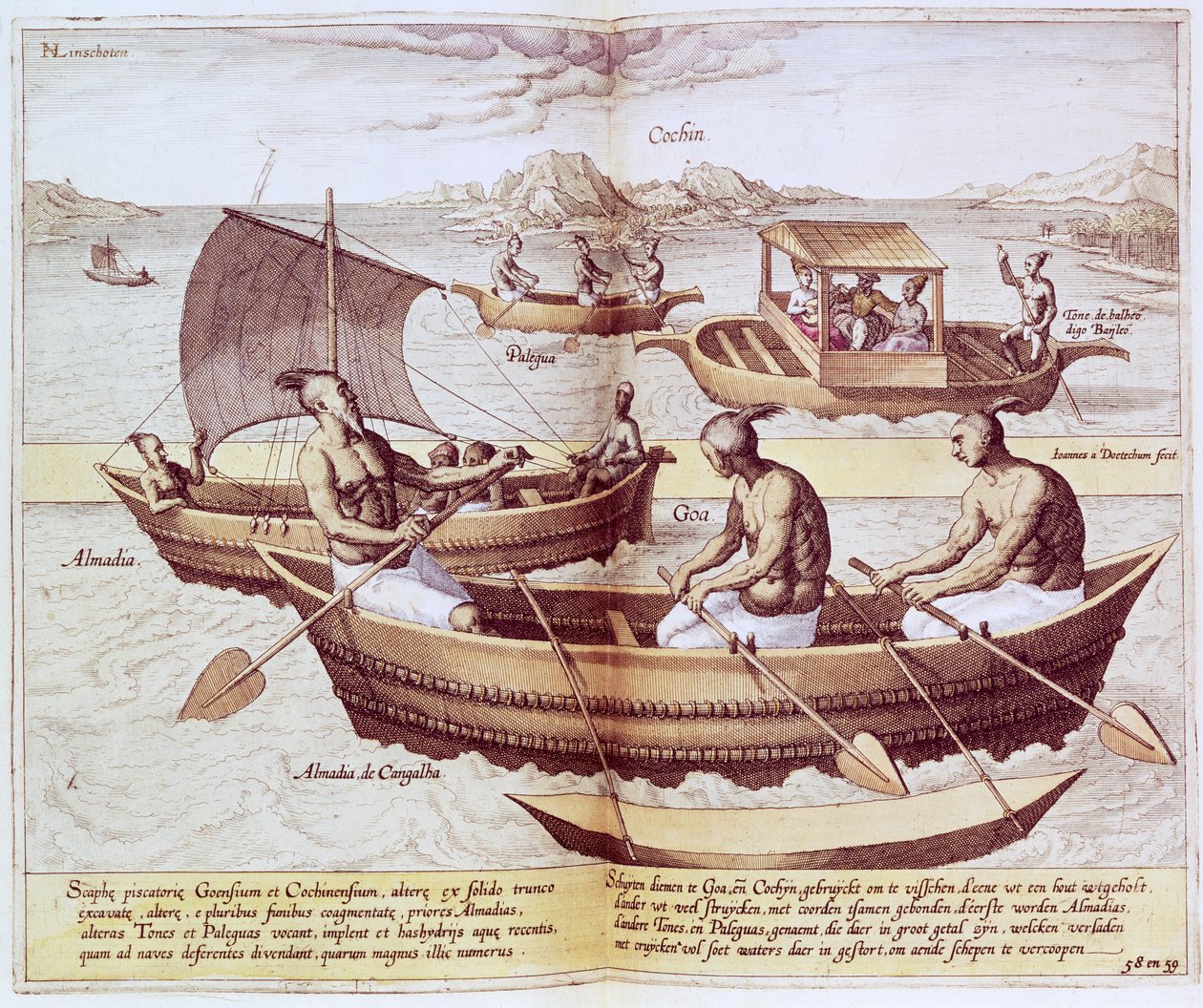Veneitä Goassa, kuvitus teoksesta "Jan Hughen van Linschoten, His Discourse of Voyages to the East and West Indies", 1579-92 tekijältä Johannes Baptista van Doetechum the Younger