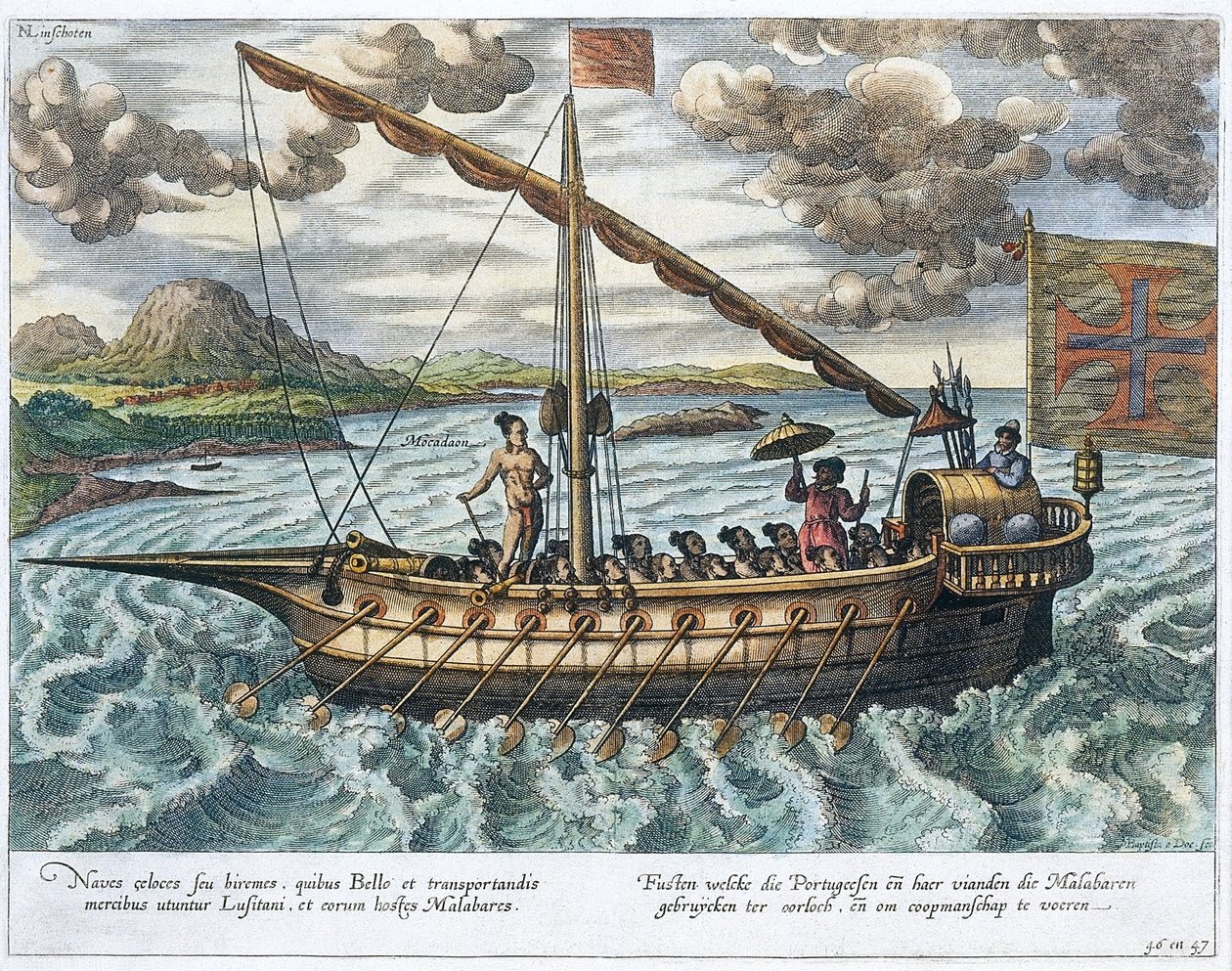 Fusta, kuvitus teoksesta "Jan Huyghen van Linschoten, Hänen keskustelunsa matkoista Itä- ja Länsi-Intiaan", 1579-92 tekijältä Johannes Baptista van Doetechum the Younger