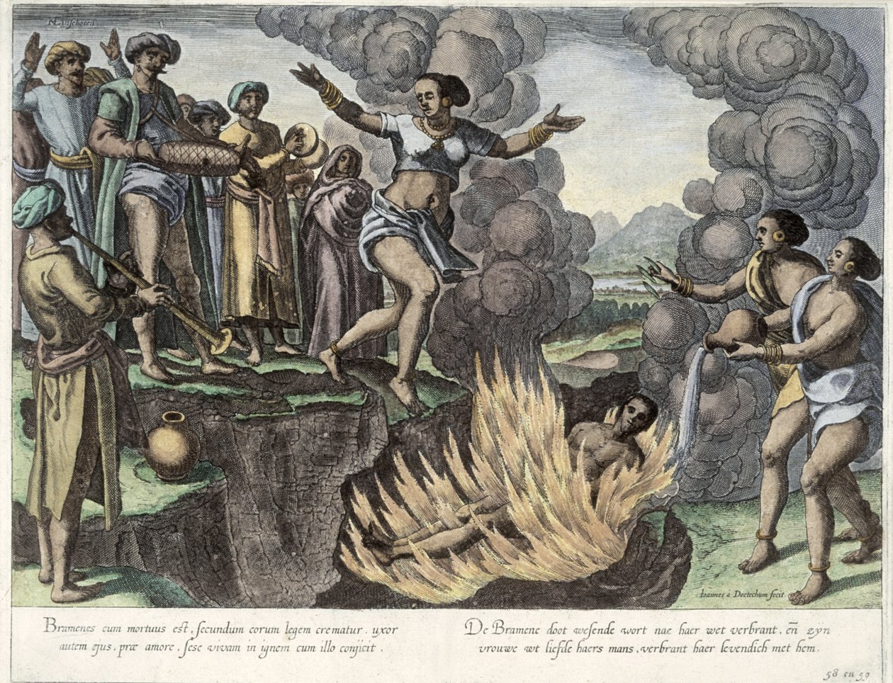 Sati, kuvitus teoksesta "Jan Huyghen van Linschoten, His Discourse of Voyages into the East and West Indies" (Jan Huyghen van Linschoten, Hänen kertomuksensa matkoista Itä- ja Länsi-Intiaan), 1579-92 (värikaiverrus). tekijältä Johannes Baptista van Doetechum the Younger