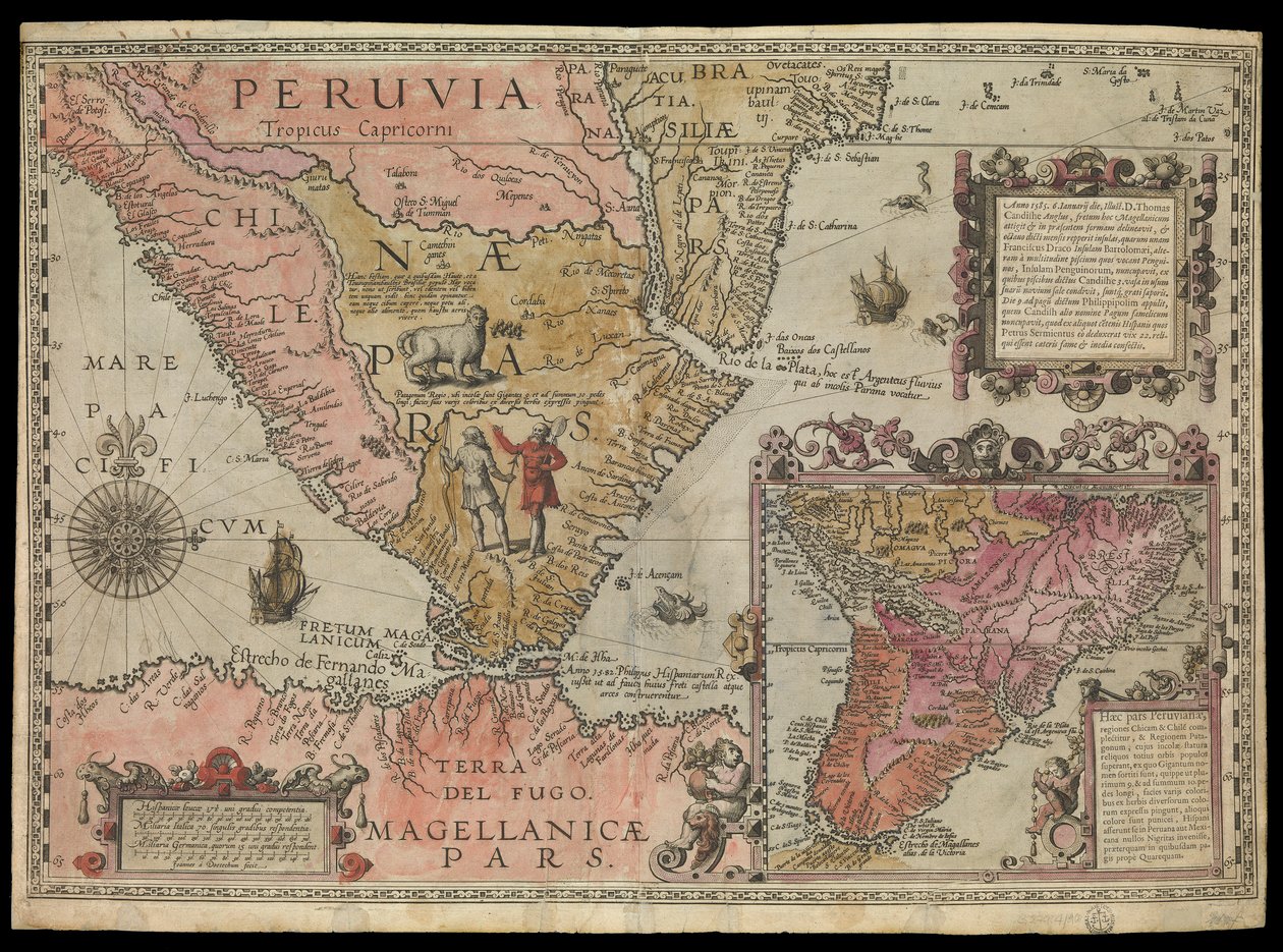 Perun eteläkärki, Etelä-Amerikka, noin 1590 (käsin väritetty). tekijältä Johannes Baptista van the Younger Doetechum