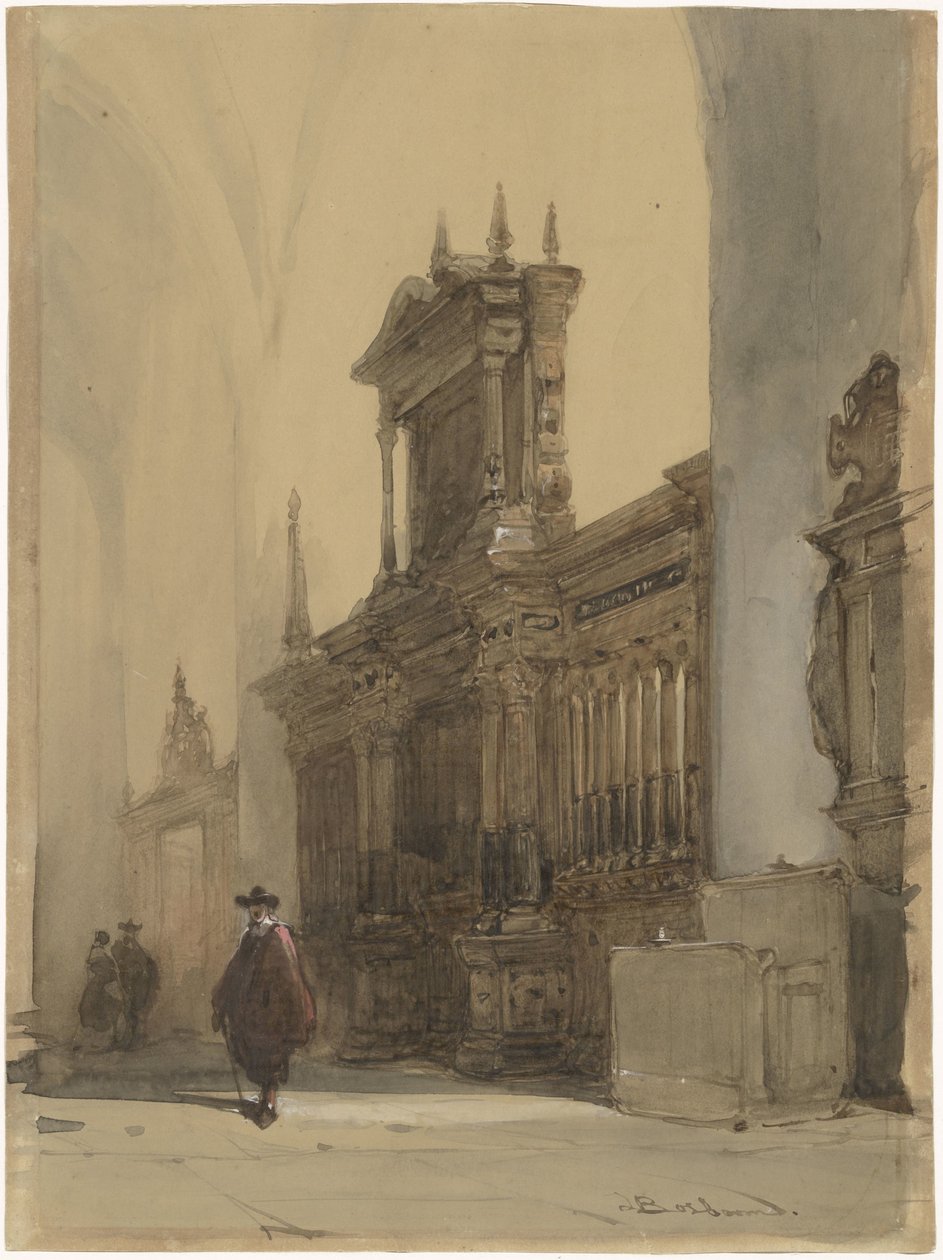 Nieuwe Kerkin kuoroaita, Delft (otsikko esineessä) tekijältä Johannes Bosboom (signed by artist)