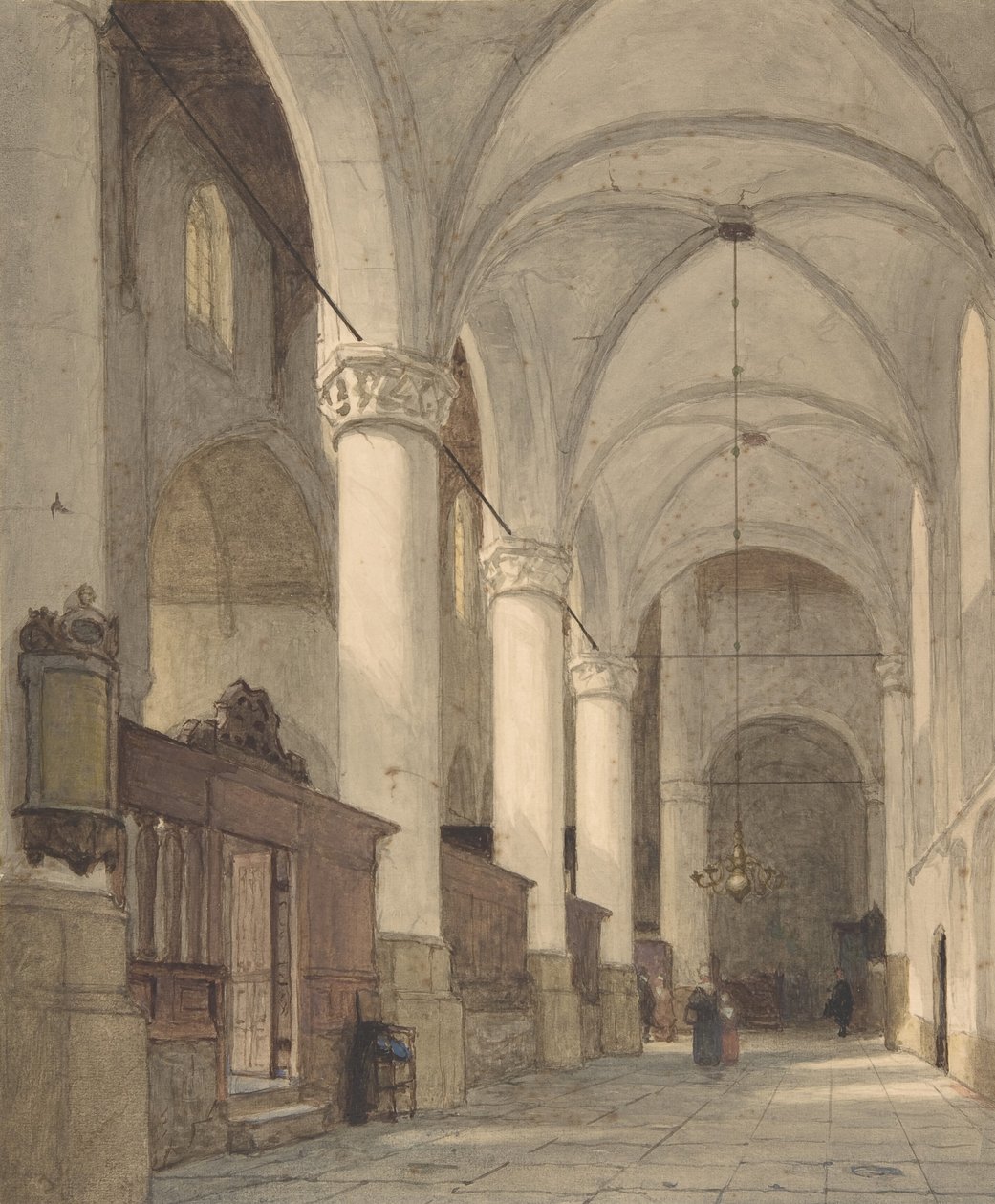 Kirkon holvikaarinen sivukäytävä hahmoineen, 1800-luku. tekijältä Johannes Bosboom