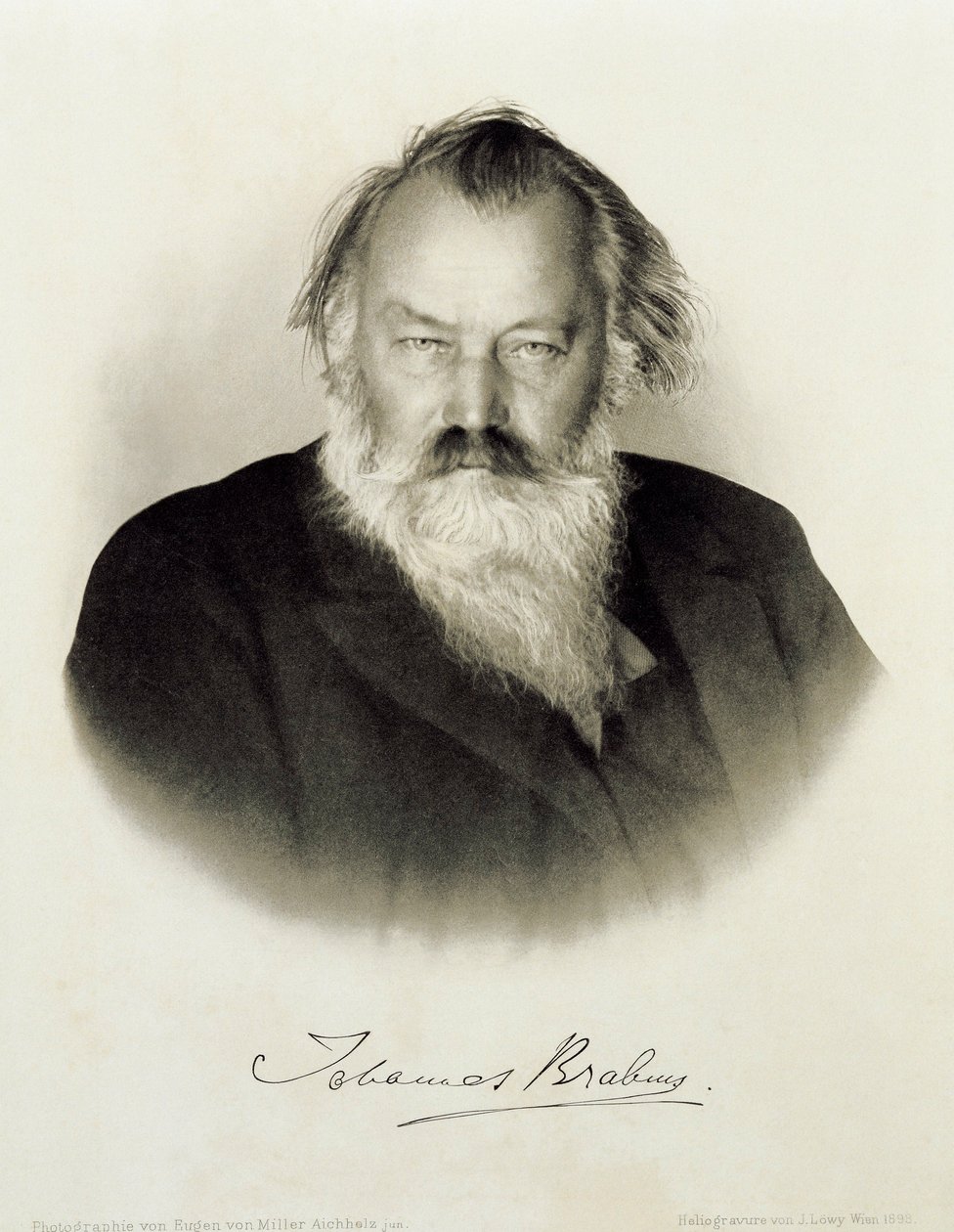 Saksa, kaiverrettu muotokuva saksalaisesta säveltäjästä, pianistista ja kapellimestari Johannes Brahmsista tekijältä Johannes Brahms