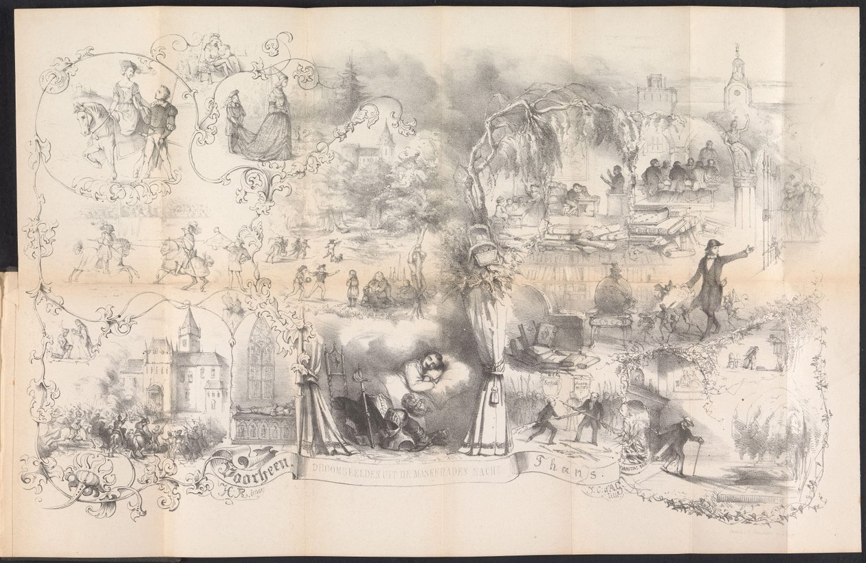 Sarjakuva Leidenin opiskelijaalmanakissa, 1856 Unia naamiaisillasta (otsikko esineessä) tekijältä Johannes Christiaan d