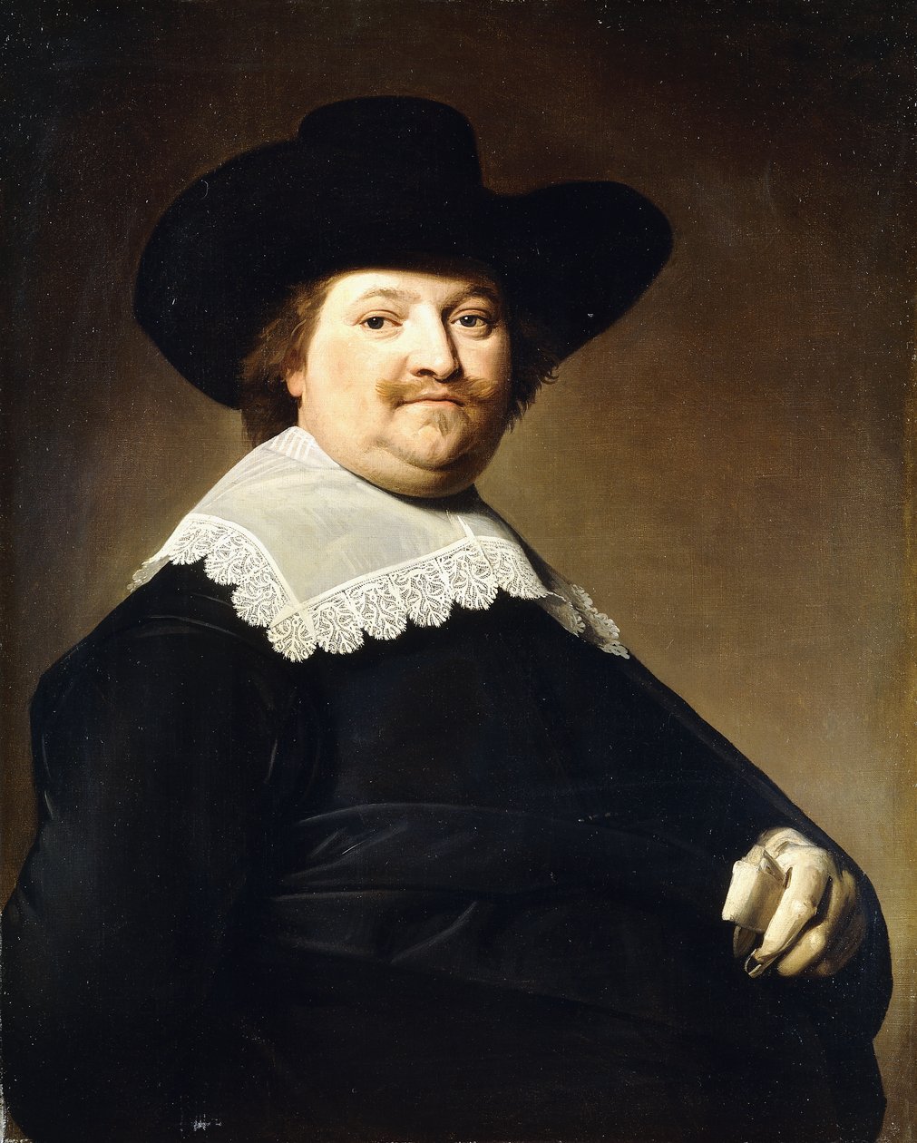 Muotokuva herrasmiehestä, puolipitkä, yllään musta puku, valkoinen pitsikaulus ja musta hattu, tekijältä Johannes Cornelisz. Verspronck