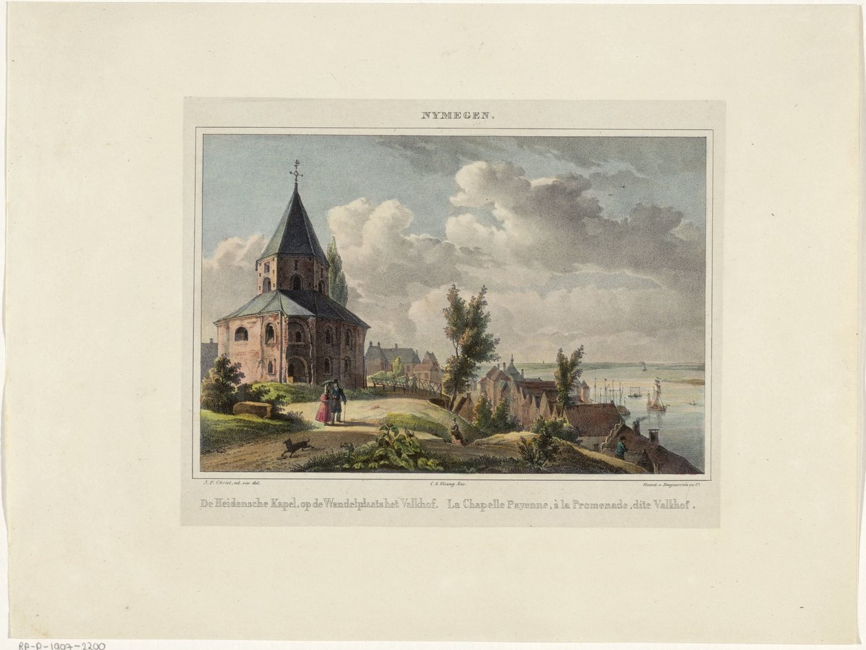 Pyhän Nikolauksen kappeli Nijmegenissä Hedensche Kapel, Valkhofin kävelypaikalla. La Chapelle Payenne, à la Promenade, dit Valkhof (otsikko esineessä) Nymegen. (sarjan otsikko objektissa) tekijältä Johannes Franciscus Christ