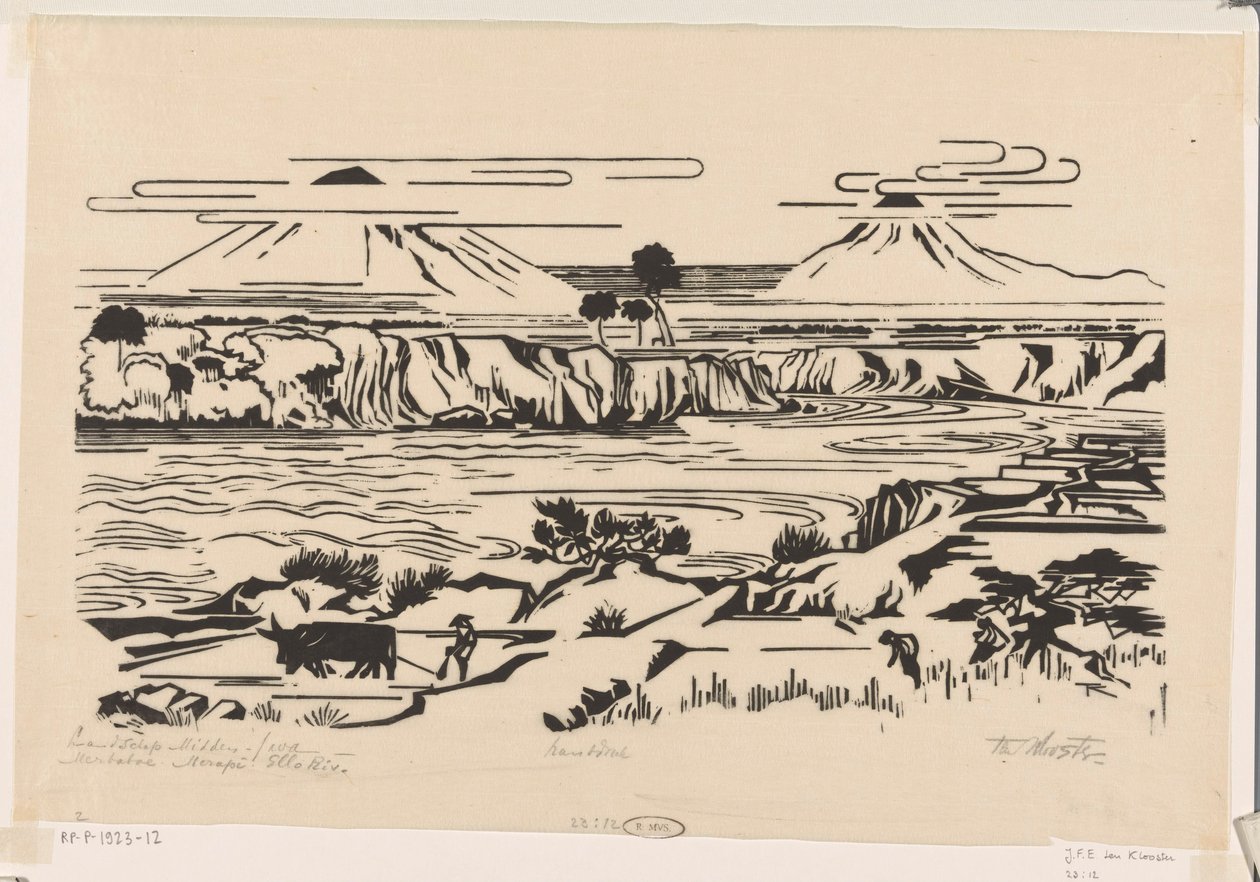 Maisema, Keski-Jaava: Merbaboe, Merapi, Ello-joki (alkuperäinen nimi esineessä) tekijältä Johannes Frederik Engelbert ten Klooster (signed by artist)