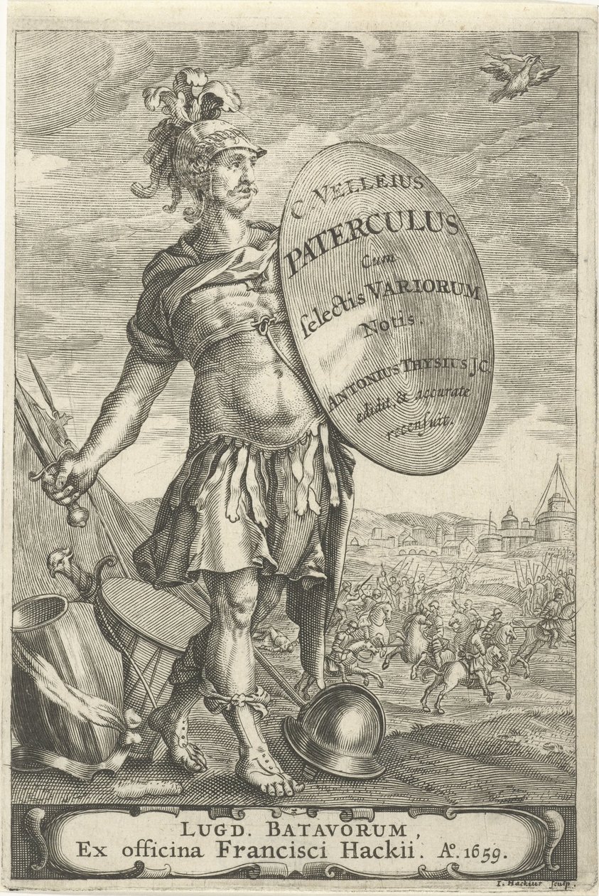 Romeinse krijgsman voor een slagveld Titelpagina voor Caius Velleius Paterculus cum Selectis Variorum Notis, 1659 tekijältä Johannes Hackius