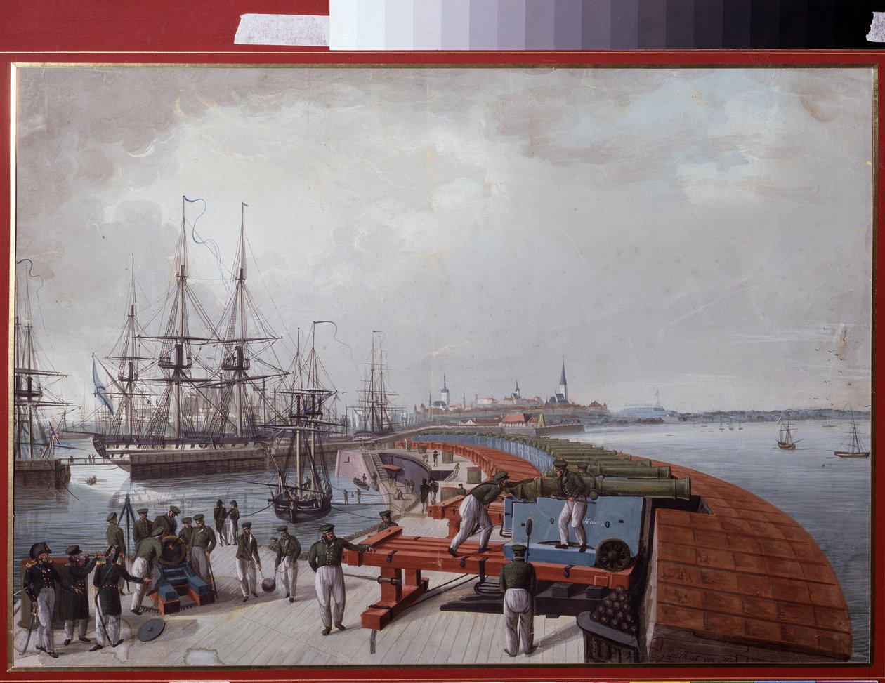 Näkymä Revaliin (nykyinen Tallinna (Tallinna), Virossa), satama ja Venäjän rannikon tykistö (Revalin näkymä, satama ja Venäjän rannikon tykistö). Johannes Haun (1771-1838) teos, akvarelli paperille tekijältä Johannes Hau