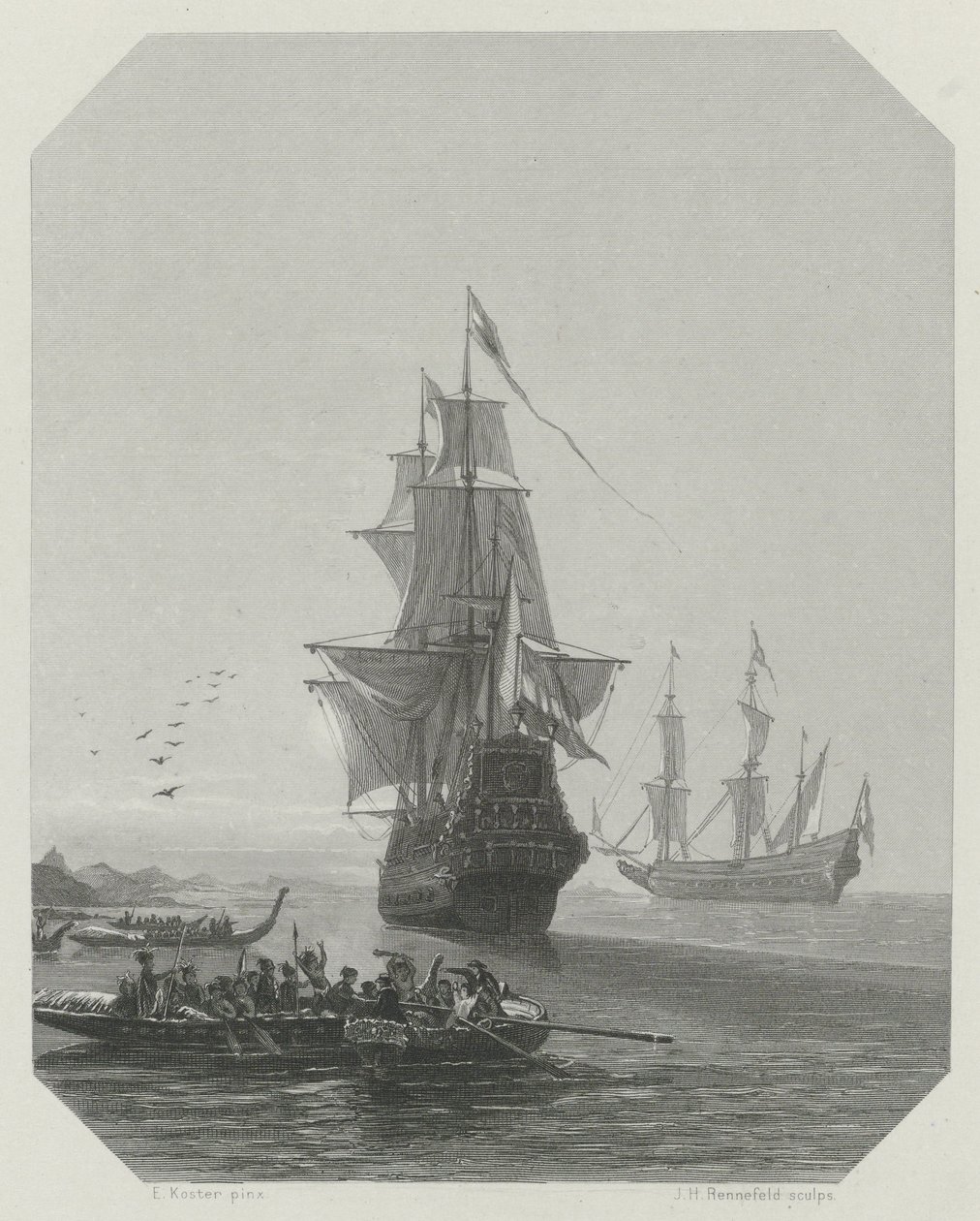 Abel Tasmanin saapuminen Uuteen-Seelantiin, 1642-1643, noin 1865 tekijältä Johannes Heinrich Maria Hubert Rennefeld
