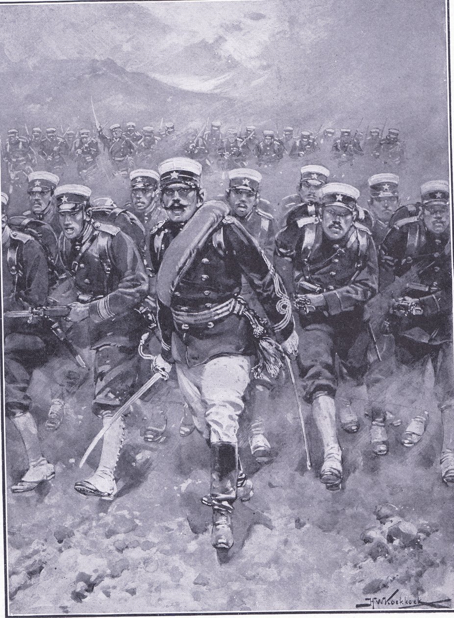 Japanilaisen jalkaväen panos, kuvitus Cassellsin Venäjän ja Japanin sodan historiasta, osa 1, n. 1900 tekijältä Johannes Hermann Barend Koekkoek