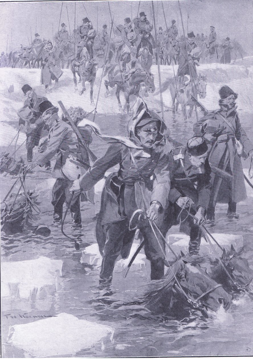 Hevosmiestaidon saavutus. Venäläinen ratsuväki ylittämässä jokea, kuva Cassellsista Venäjän ja Japanin sodan historia, osa 1, n. 1900 tekijältä Johannes Hermann Barend Koekkoek