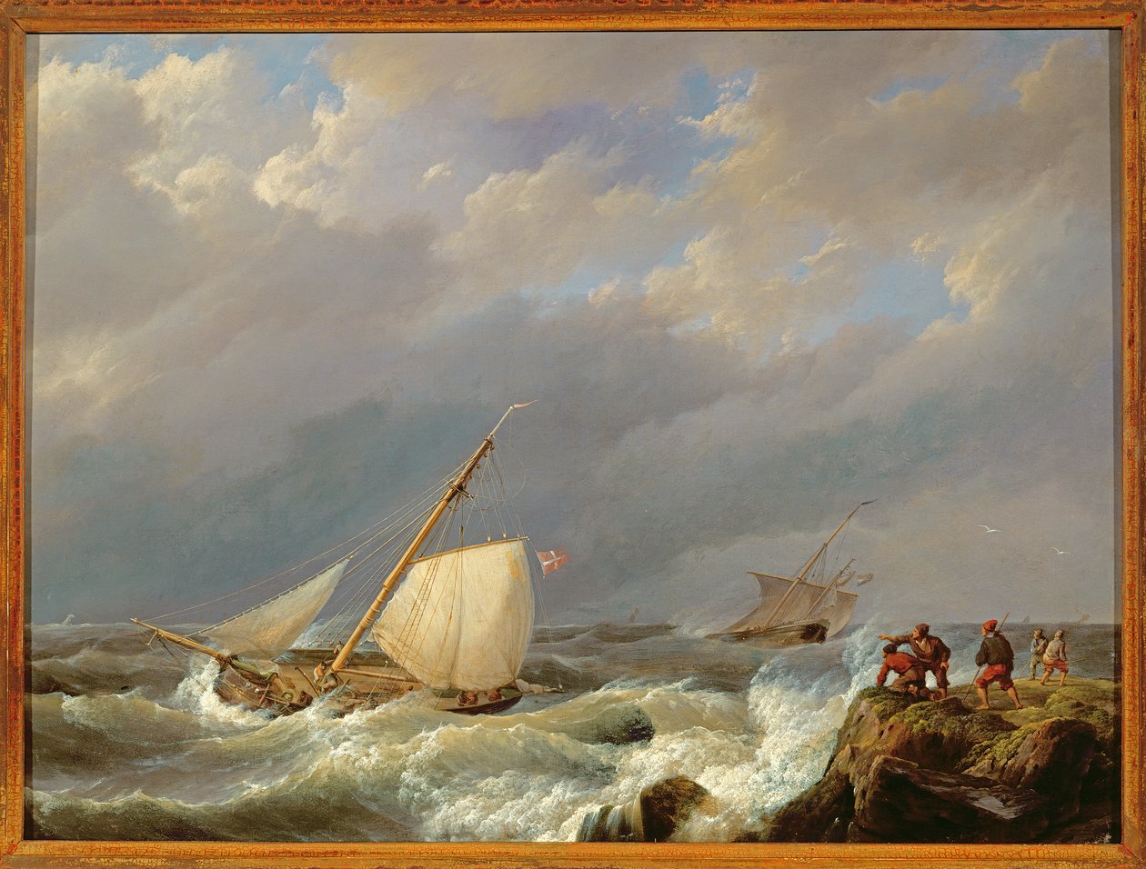 Alukset Leen rannalla tuulen räjähdyksessä, 1844 tekijältä Johannes Hermann Barend Koekkoek