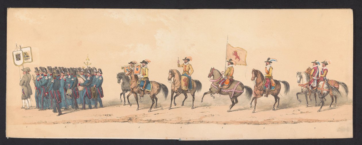 Groningenin ammattikorkeakoulun opiskelijoiden historiallinen kulkue, 1850 (taulu 1) H.H:n pukeutunut esitys Mauritsista, Orangen prinssistä, Nassaun kreivistä jne. ja Willem Lodewijk, Nassaun kreivi Groningenissa vuonna 1594 tekijältä Johannes Hermanus van de Weijer