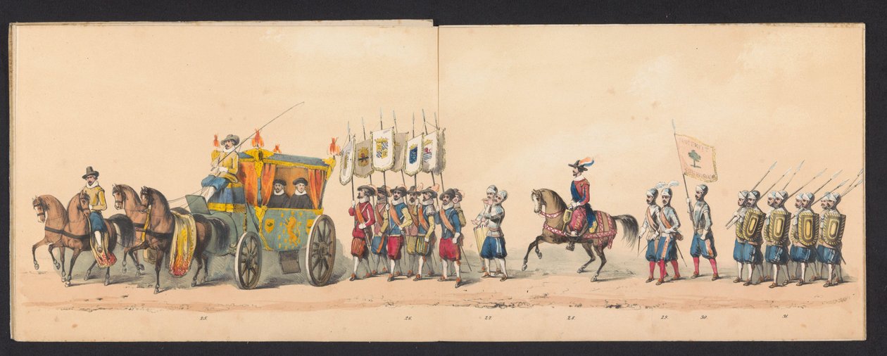 Groningenin ammattikorkeakoulun opiskelijoiden historiallinen kulkue, 1850 (taulu 4) H.H:n pukeutunut esitys Mauritsista, Orangen prinssistä, Nassaun kreivistä jne. ja Willem Lodewijk, Nassaun kreivi Groningenissa vuonna 1594 tekijältä Johannes Hermanus van de Weijer