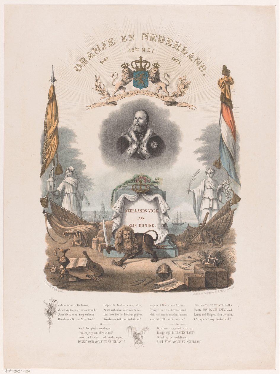 Allegoria kuningas Vilhelm III:n hallituskauden 25. vuosipäivästä 12. toukokuuta 1874 tekijältä Johannes Hermanus van der Heijden