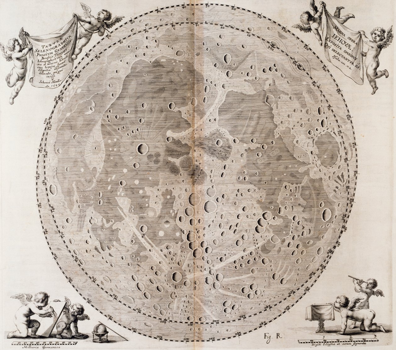 Ensimmäinen yksityiskohtainen Kuukartta, jonka Johann Hevelius piirsi vuonna 1647, vedos Johann Heveliuksen (1611-1687) taivaankartaasta Selenographia sive Lunae descriptio, Gdansk tekijältä Johannes Hevelius