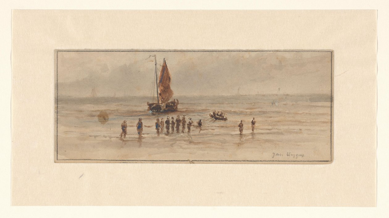 Rantamaisema kalastajien ja purjelaivan kanssa tekijältä Johannes Huygens (signed by artist)