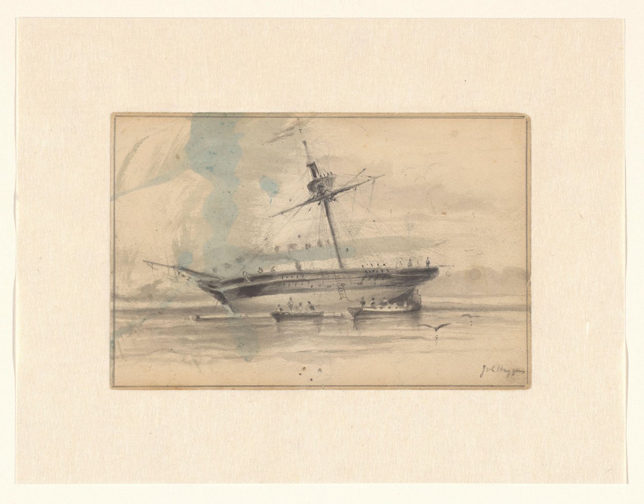 Purjelaiva kahdella soutuveneellä tekijältä Johannes Huygens (signed by artist)