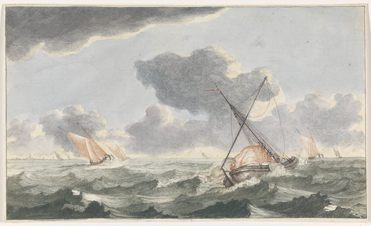 Purjeen silittäminen Ships at Sea (sarja A) (sarjan nimi) tekijältä Johannes Jacobsz van den Aveele (attributed to)