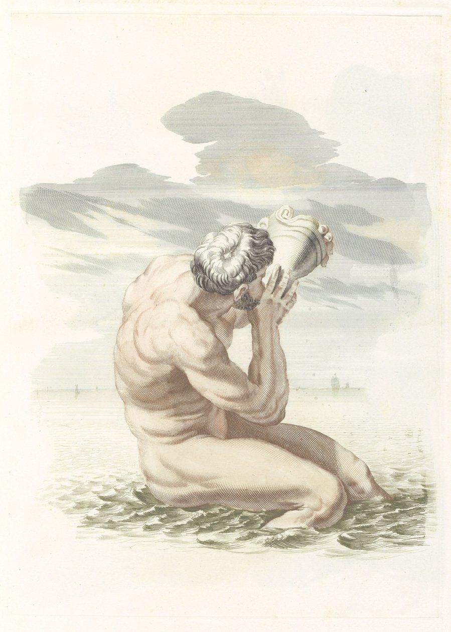 Triton puhaltaa hänen kuorensa tekijältä Johannes Jacobsz van den Aveele (attributed to)