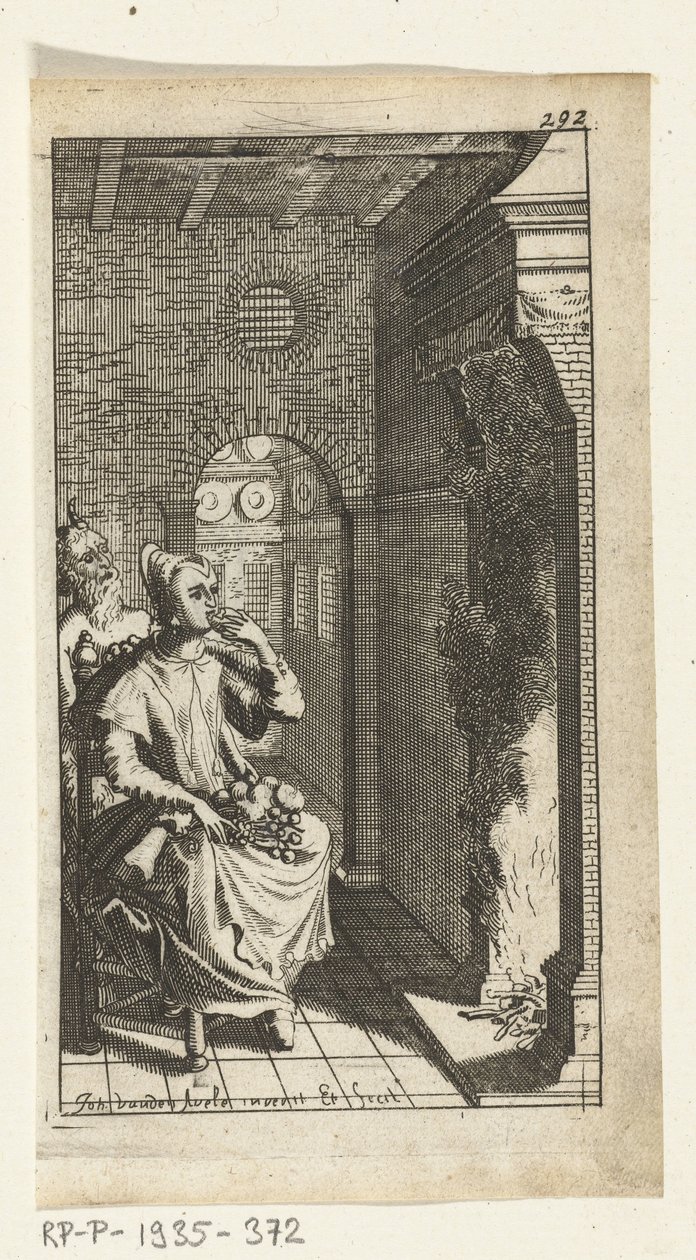 Hieno paholainen Kirjakuvitus Simon de Vriesille, seitsemälle Duyvelenille, joka hallitsee ja palvelee Hedendaeghsche Dienstmaegdeniä, Amsterdam, 1682 tekijältä Johannes Jacobsz van den Aveele