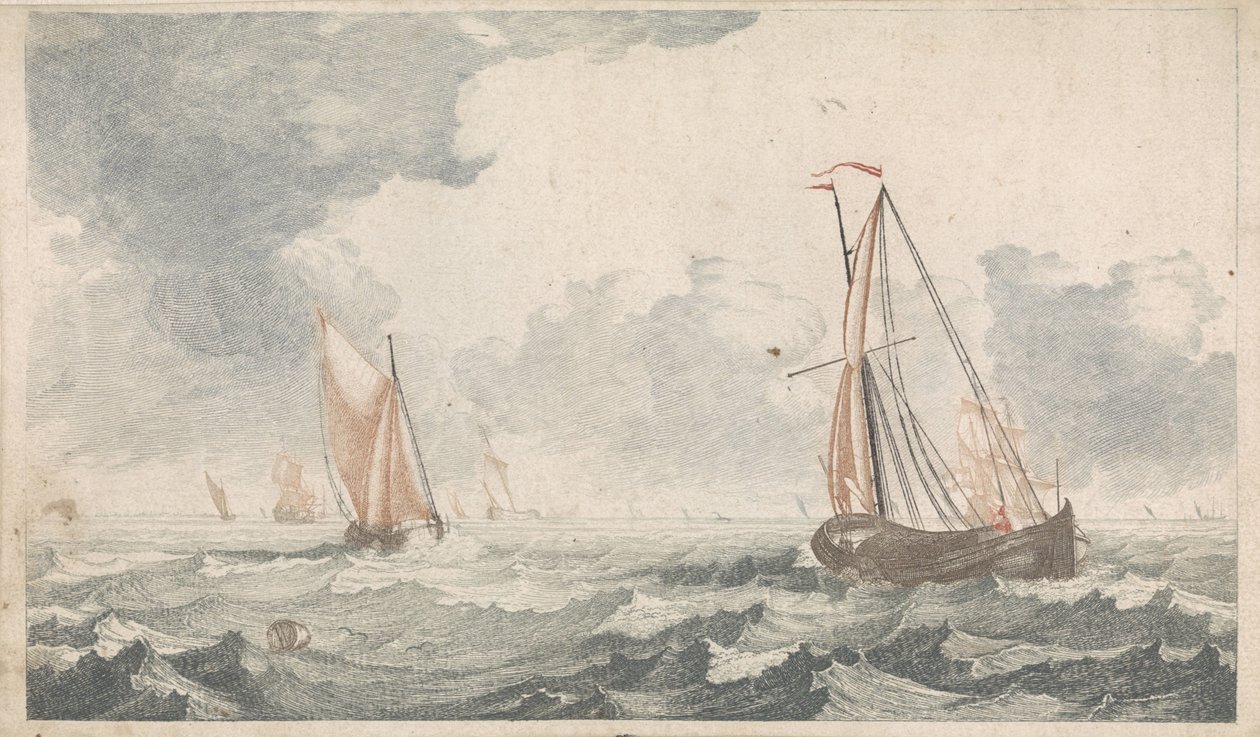 Kaksi tasapohjaista venettä purjehtimassa toisiaan kohti Ships at Sea (sarja A) (sarjan nimi) tekijältä Johannes Jacobsz van den Aveele