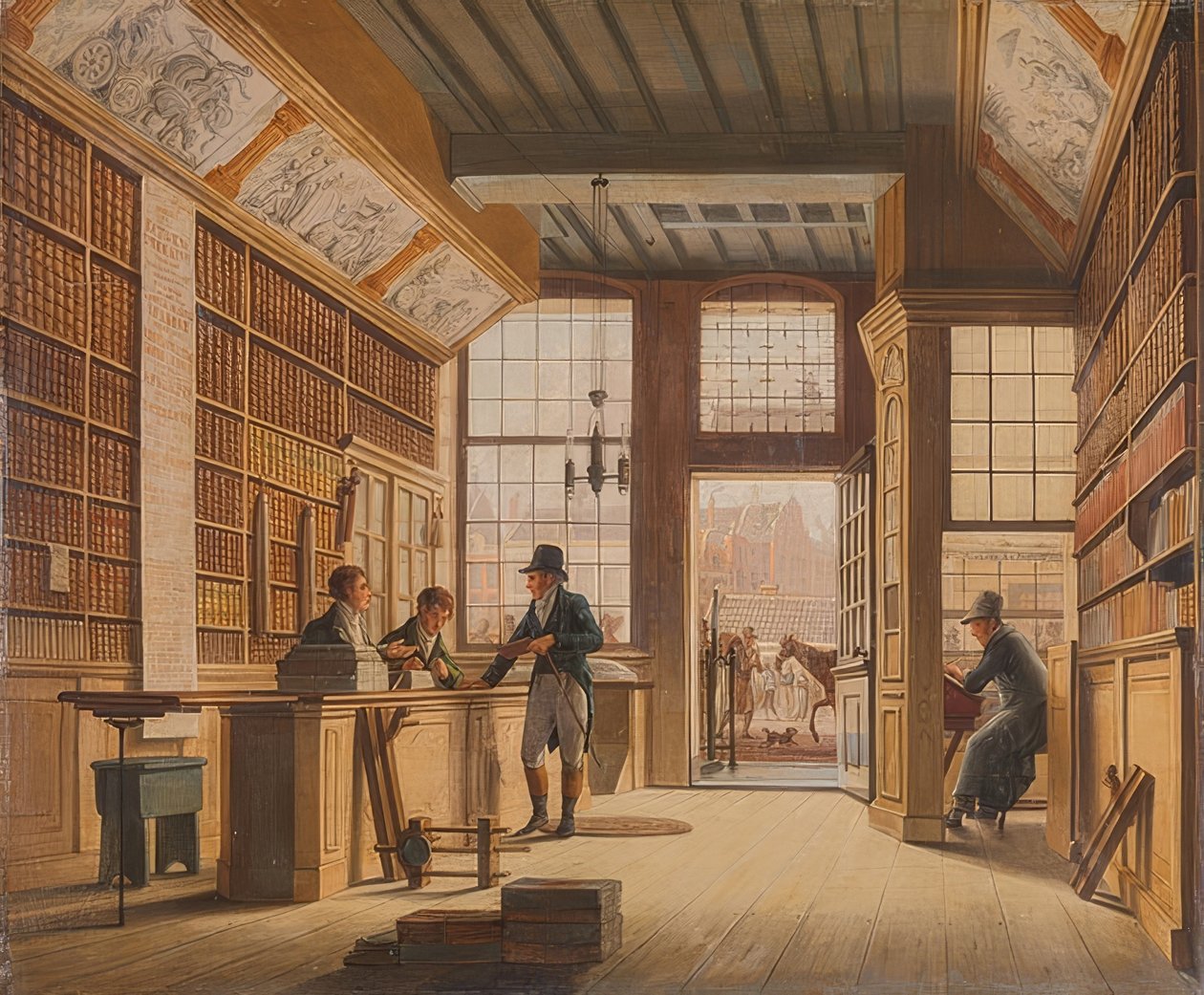 Der Laden des Buchhändlers Pieter Meijer Warnars am Vijgendam Amsterdamissa. 1820 tekijältä Johannes Jelgerhuis