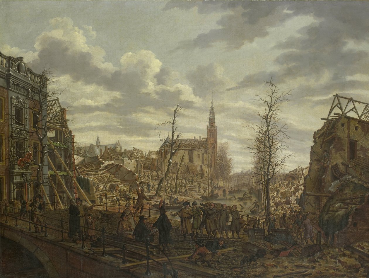 Rapenburg, Leiden, kolme päivää jauhelaivan räjähdyksen jälkeen 12. tammikuuta 1807 tekijältä Johannes Jelgerhuis