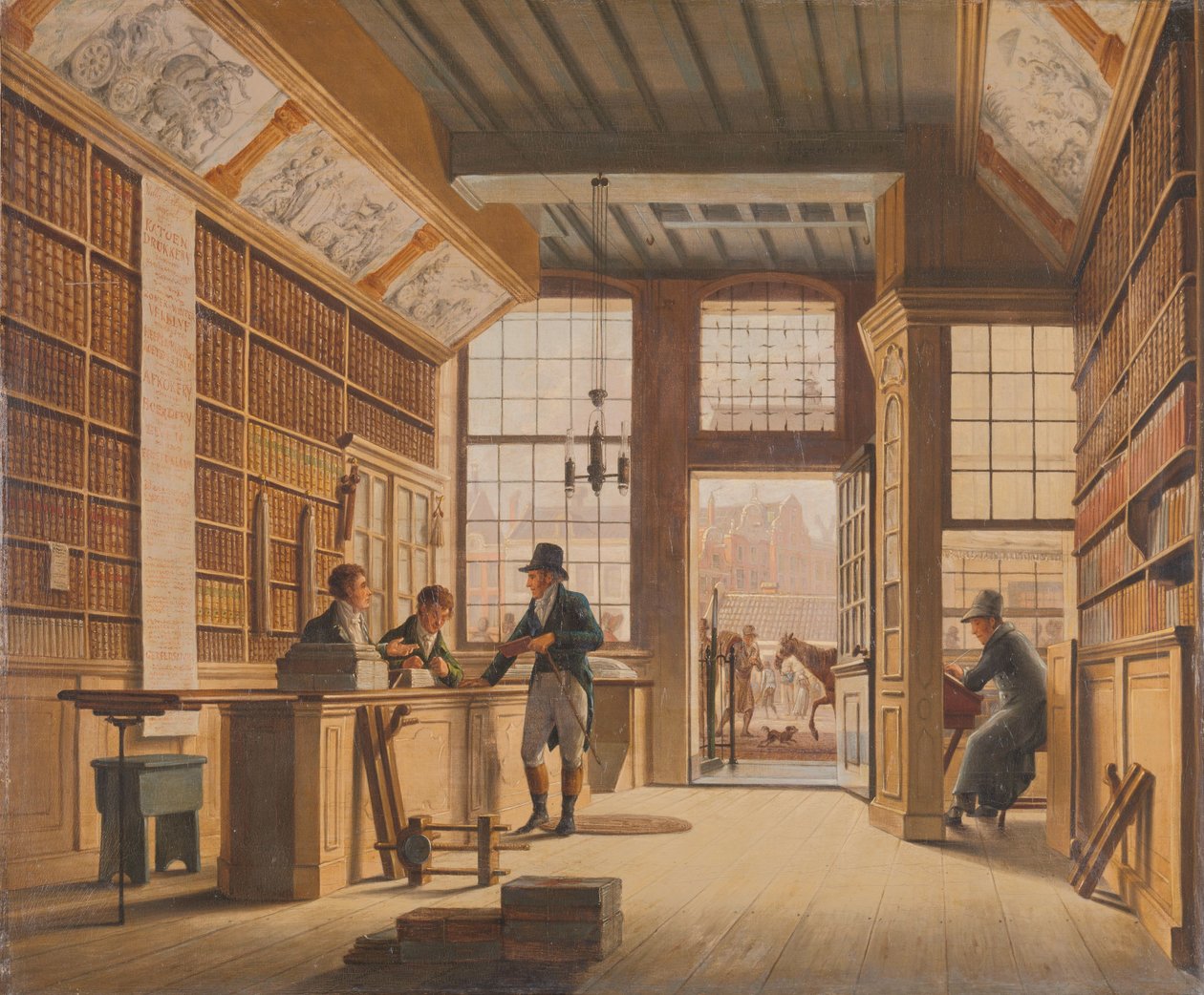 Kirjakauppias Pieter Meijer Warnarsin myymälä Vijgendamilla Amsterdamissa Pieter Meijer Warnarsin (1792-1869) kirjakauppa Vijgendamissa, Amsterdamissa tekijältä Johannes Jelgerhuis