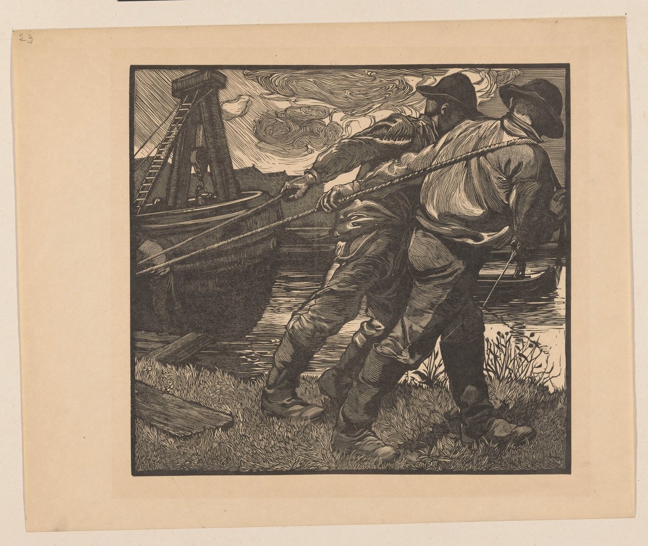 Työntekijät köysien kanssa rannalla tekijältä Johannes Josephus Aarts