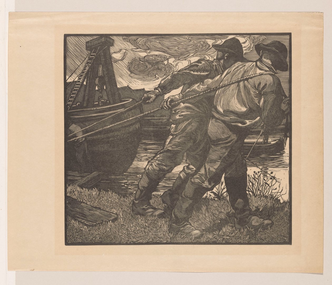 Työntekijöitä köysien kanssa rannalla tekijältä Johannes Josephus Aarts