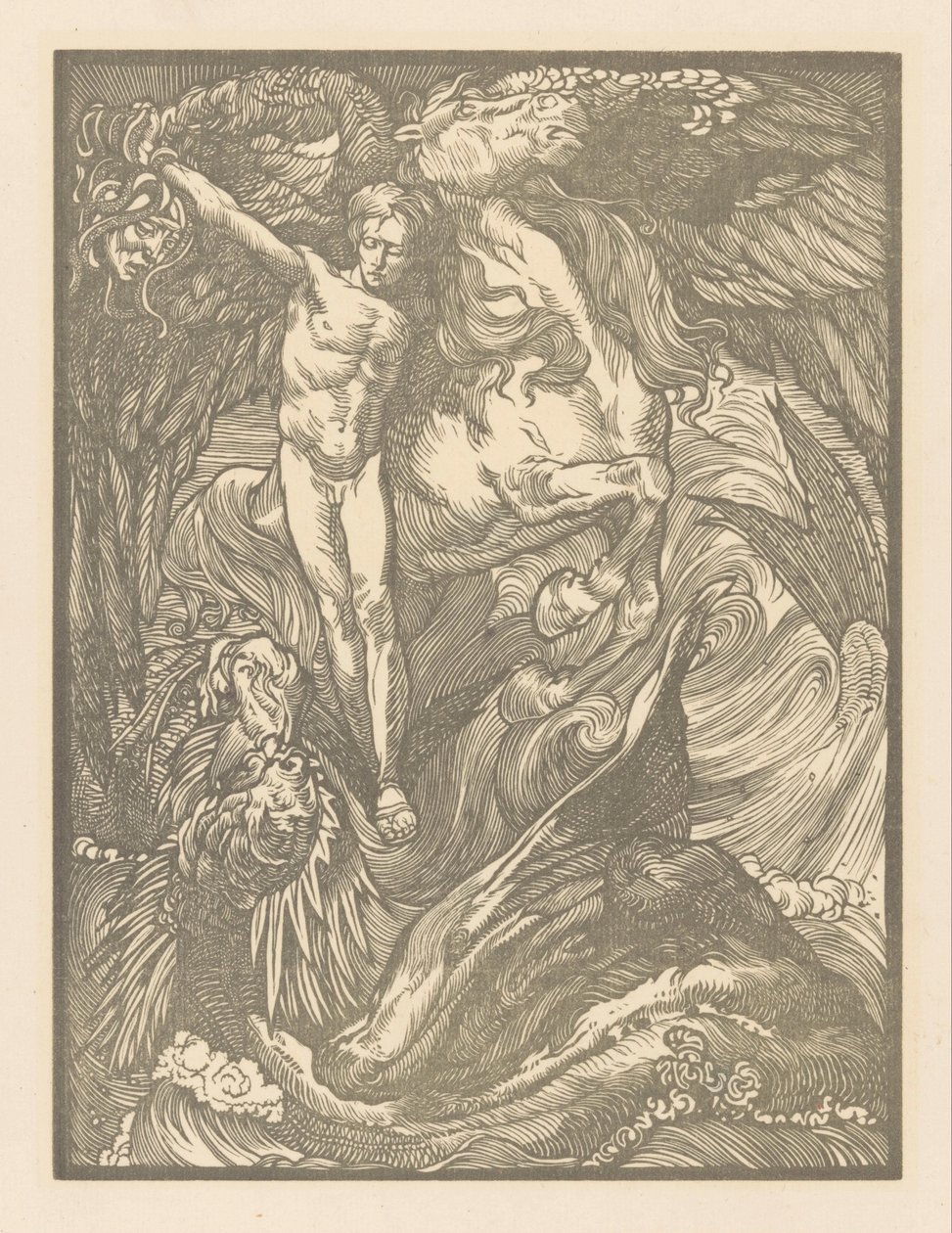 Perseus ja merihirviö Perseus ja lohikäärme, tulosta hollantilaiselle paperille tekijältä Johannes Josephus Aarts
